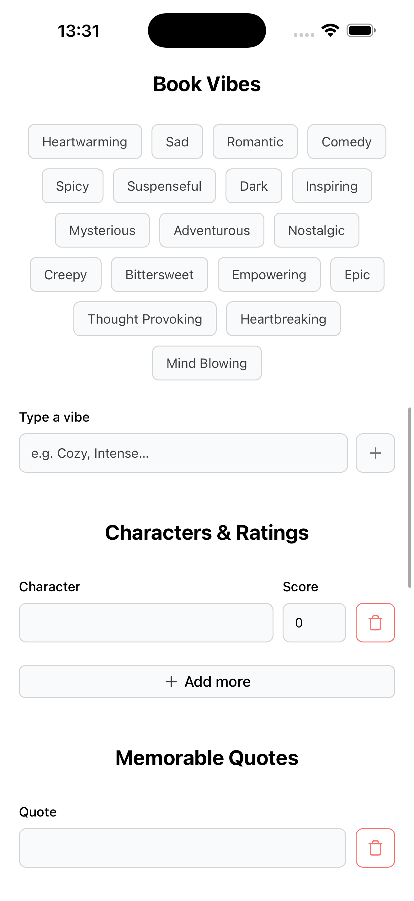 Book vibes, character ratings, and memorable quotes