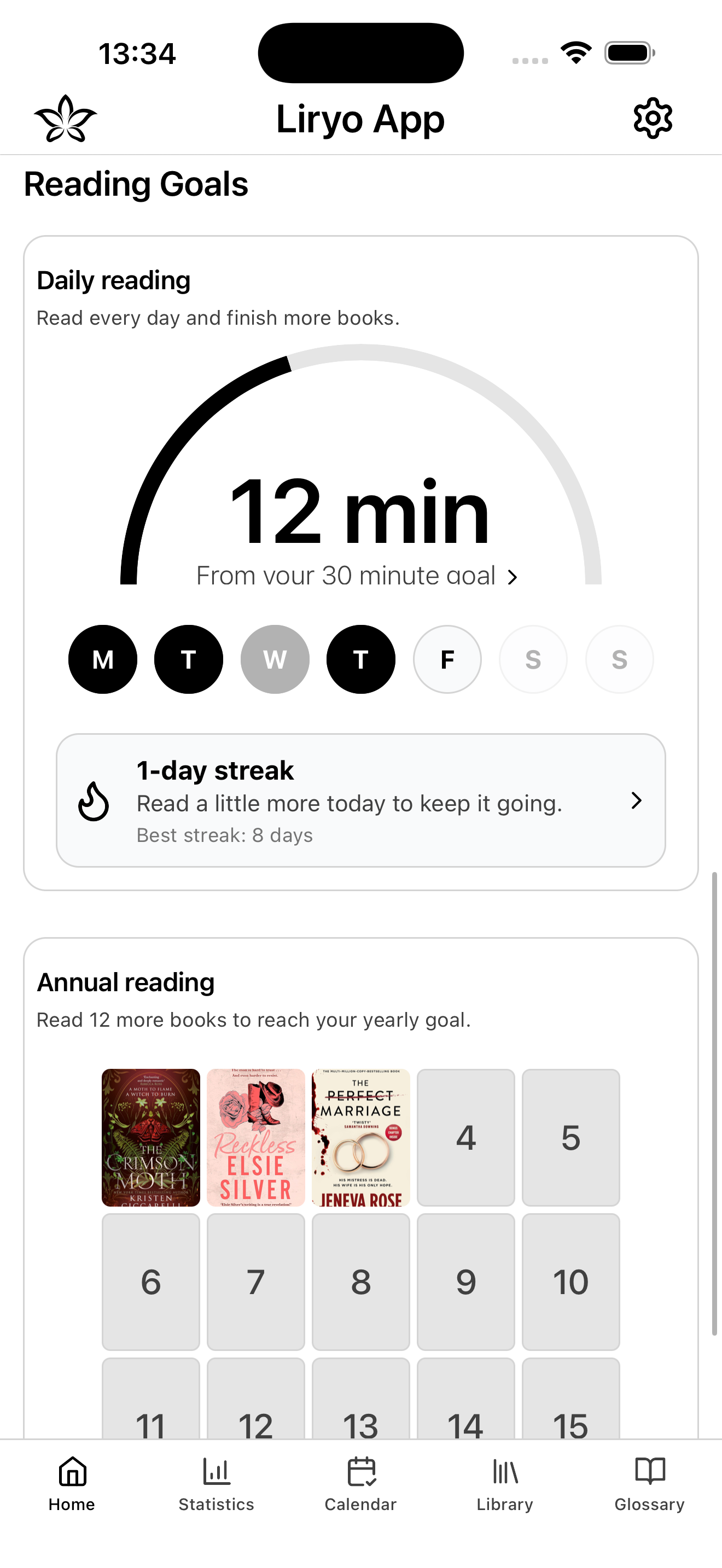 Daily and annual reading goals with streak tracking