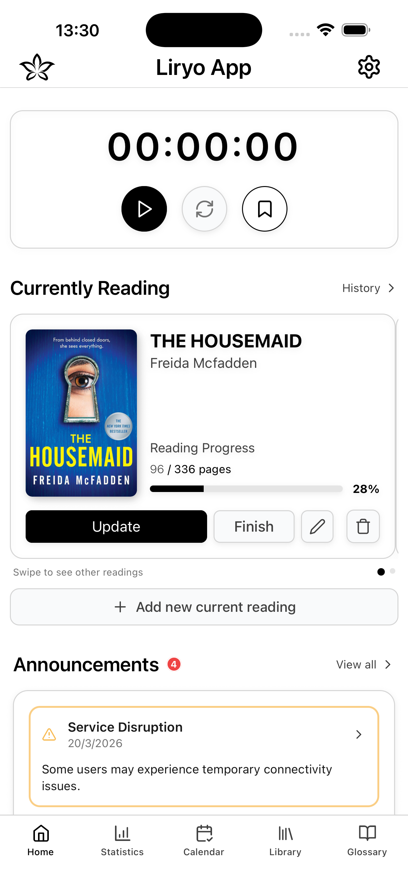 Home dashboard with reading statistics summary