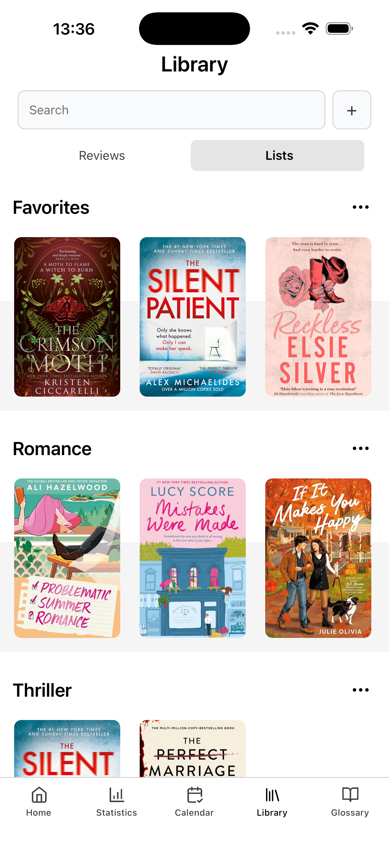 Custom book lists organized by genre and favorites